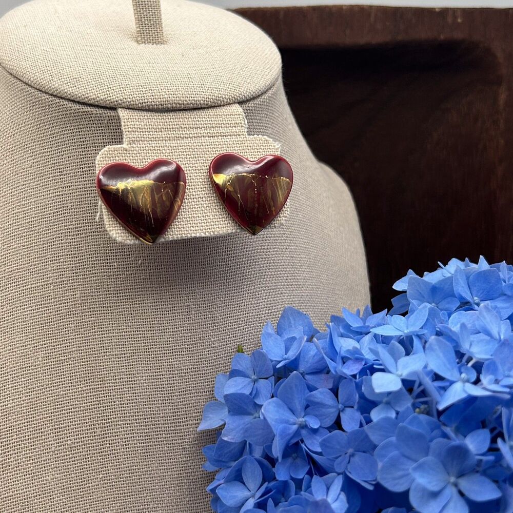 Vintage Red Ceramic Heart Earrings Post Glossy Valentine Jewelry Retro Cute